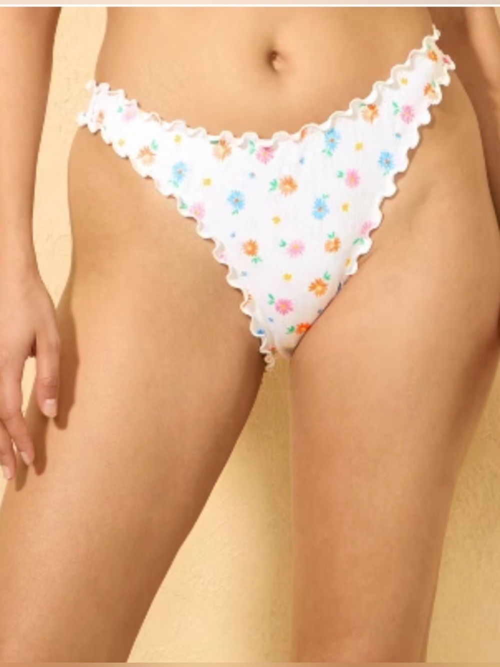 White Floral Print Ruffle Bikini Swim Bottoms